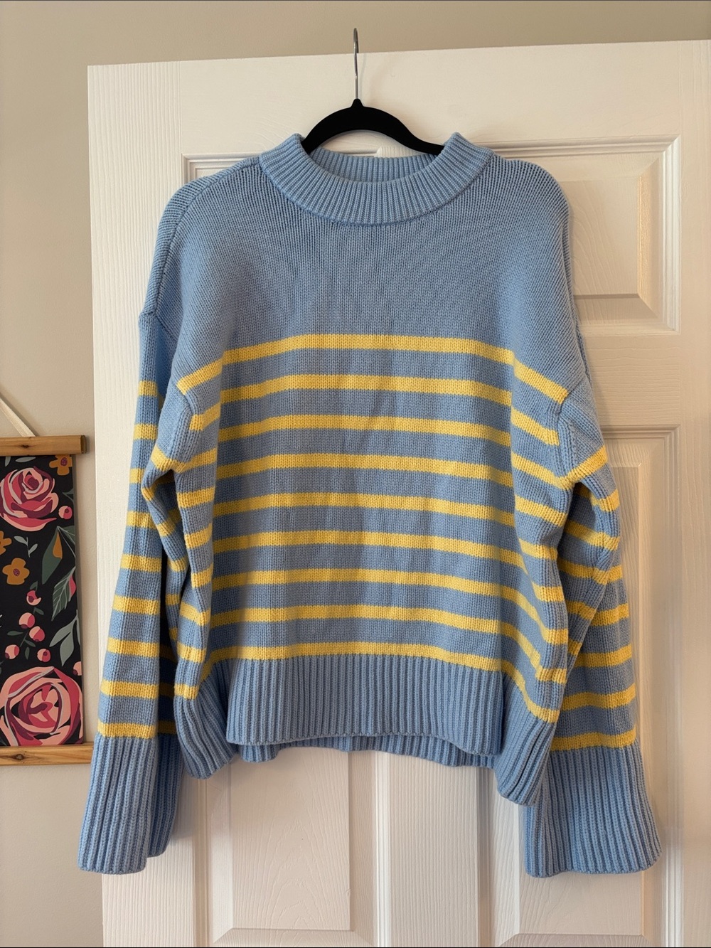 Ann Taylor Light Blue and Yellow Striped Crewneck Sweater